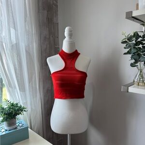 Red knit halter top with high neck
